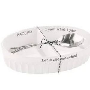 Mud pie divided potato dish "plain jane" "I yam what I yam" "let's get smashed"
